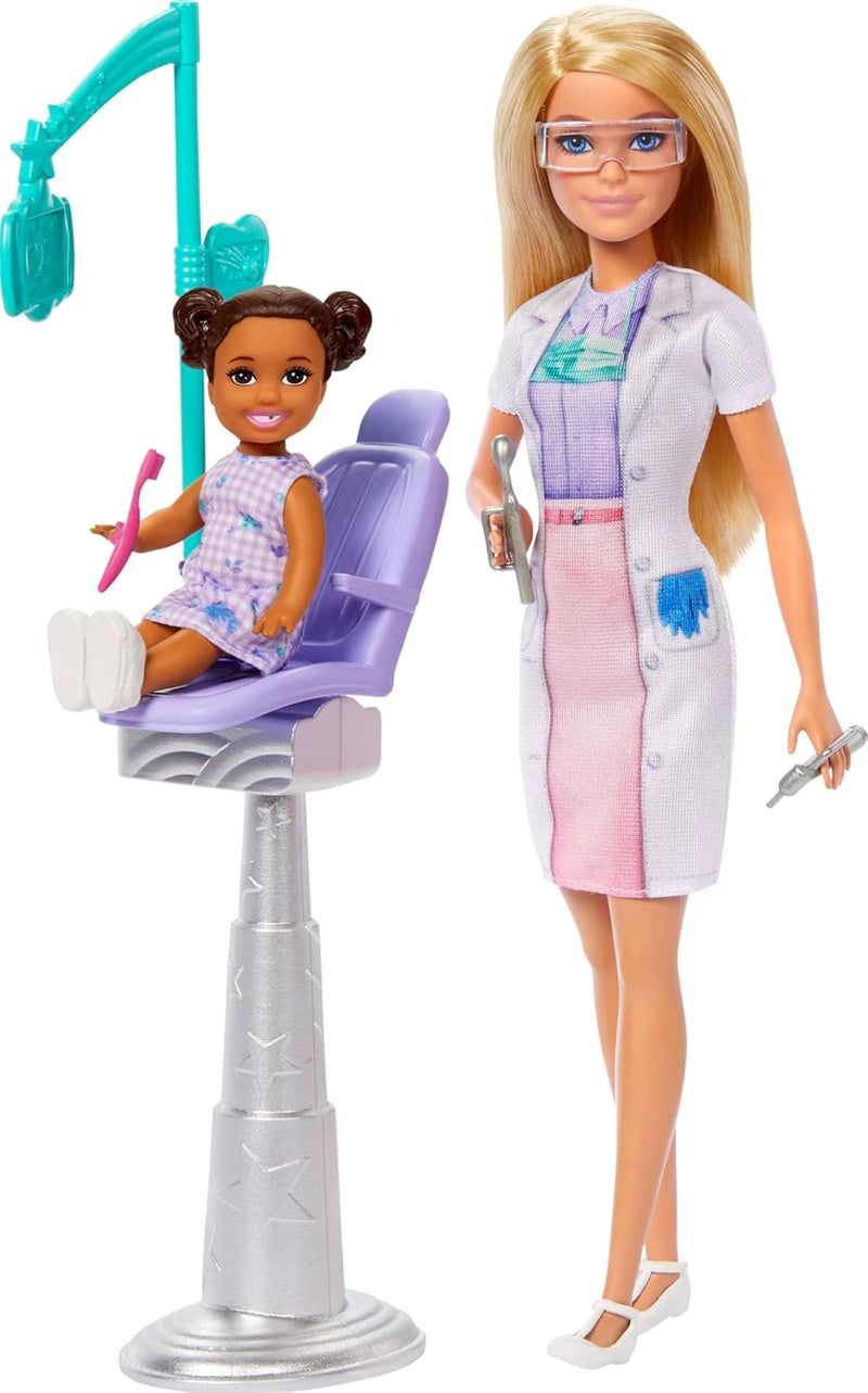 Barbie Kid Dentist Doll with Blonde Fashion Doll, Blue Dress, Lab Coat, Medical Doctor Furniture & Accessories - Image 1
